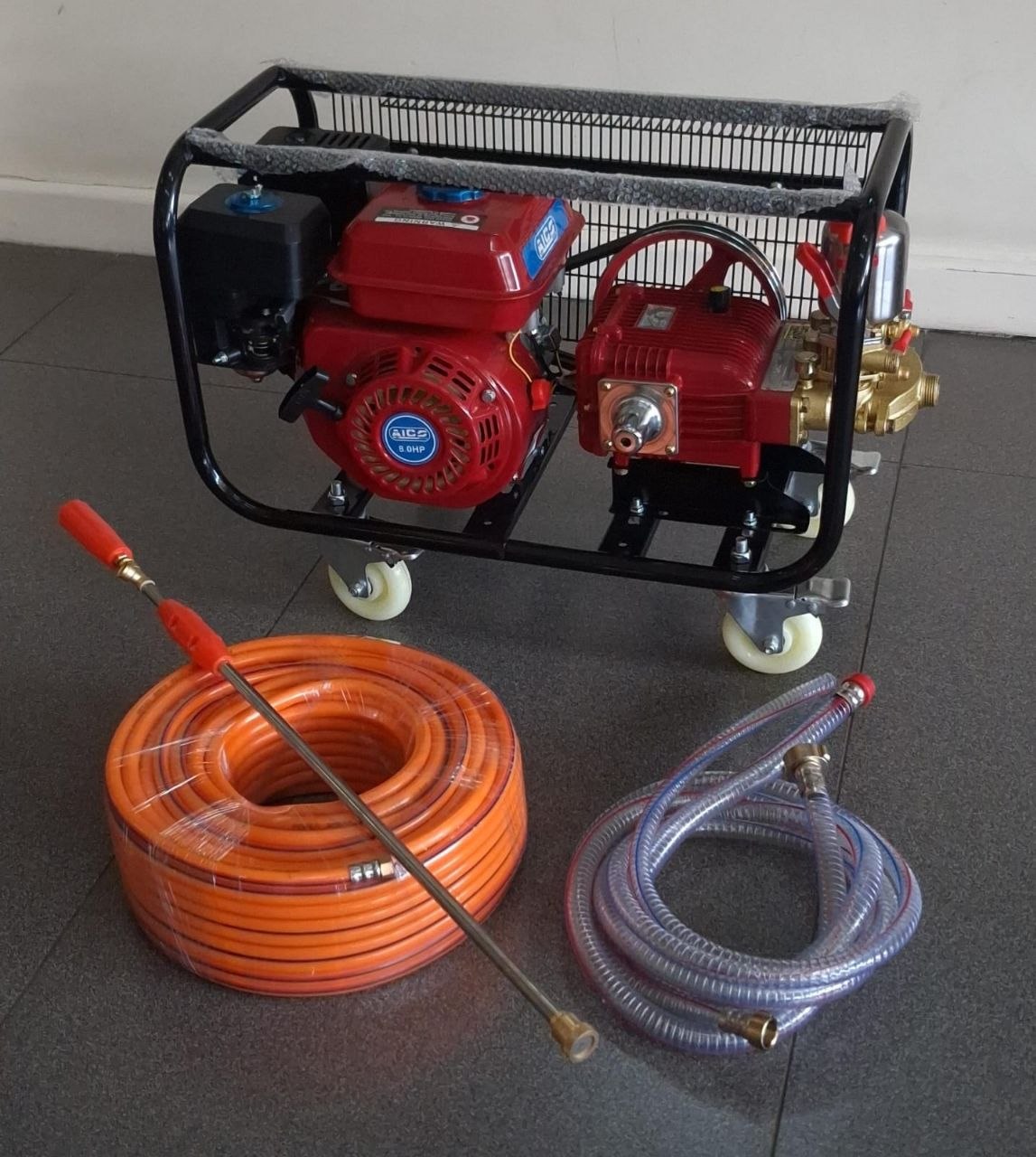 16df76f7-a3f5-4f93-a76b-4aa99f3e44aa (1) Aico Japan Trolley Sprayer Petrol 8hp engine With Hose Pipe - Image 1